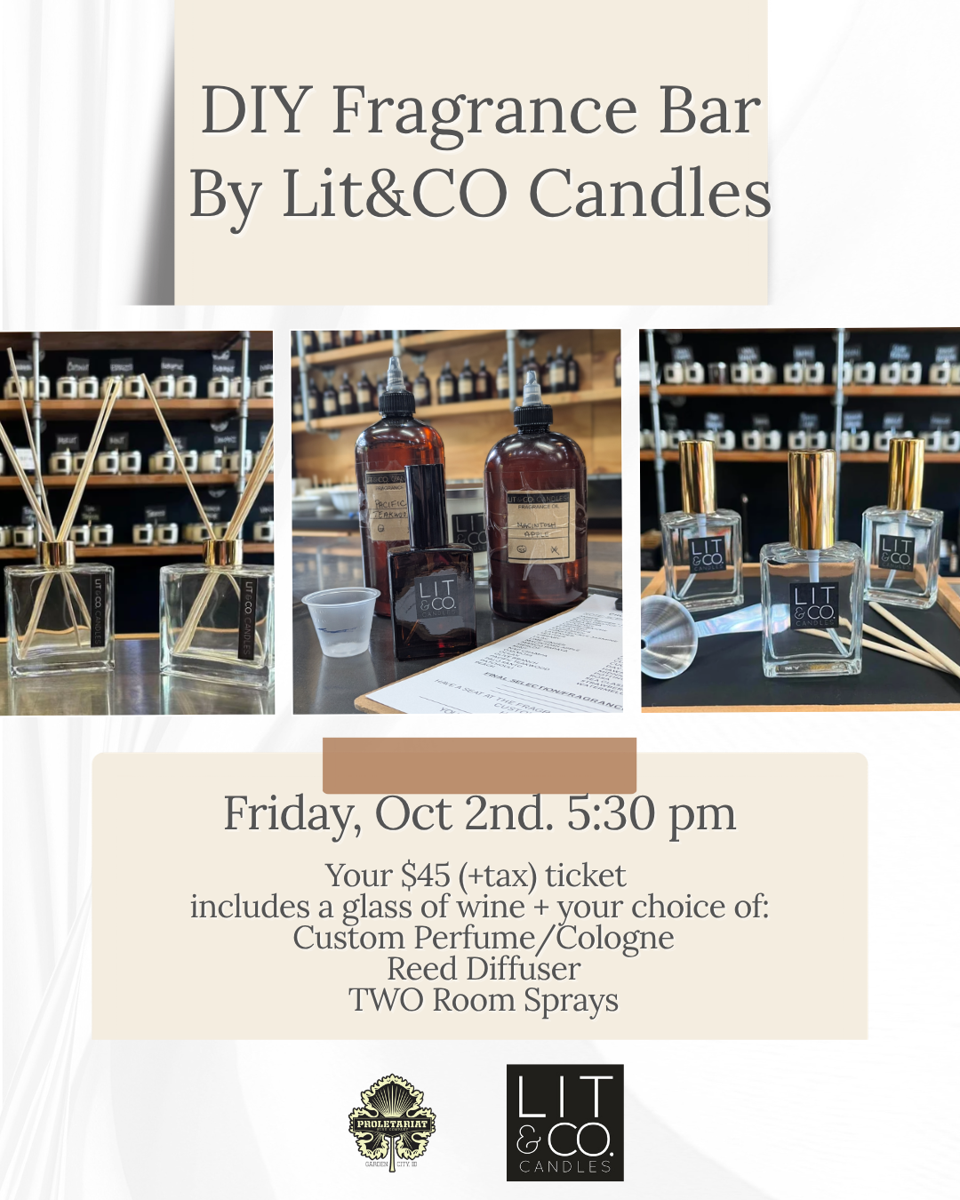 DIY Fragrance Bar with Lit&CO Candles event flyer, Friday October 2 at 5:30 pm, ticket includes a glass of wine